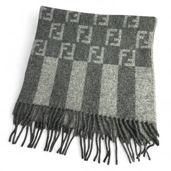 FS01. FENDI Gray Wool Scarf – FF Monogram Pattern - Picture 1 of 9